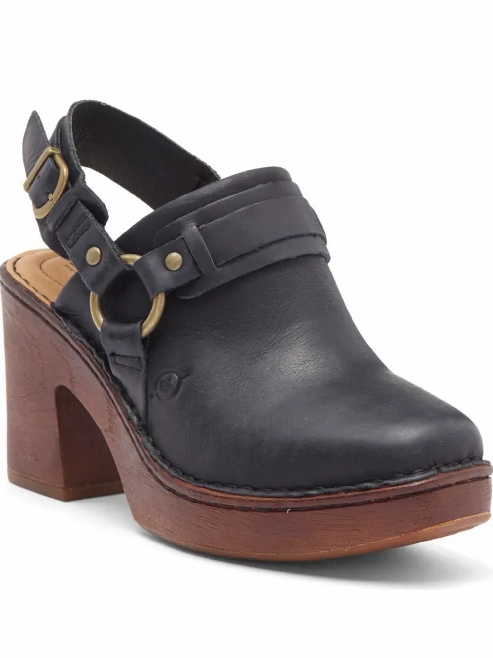 Born Hudson Slingback Black Leather Platform Clog with Brown Stacked Heel